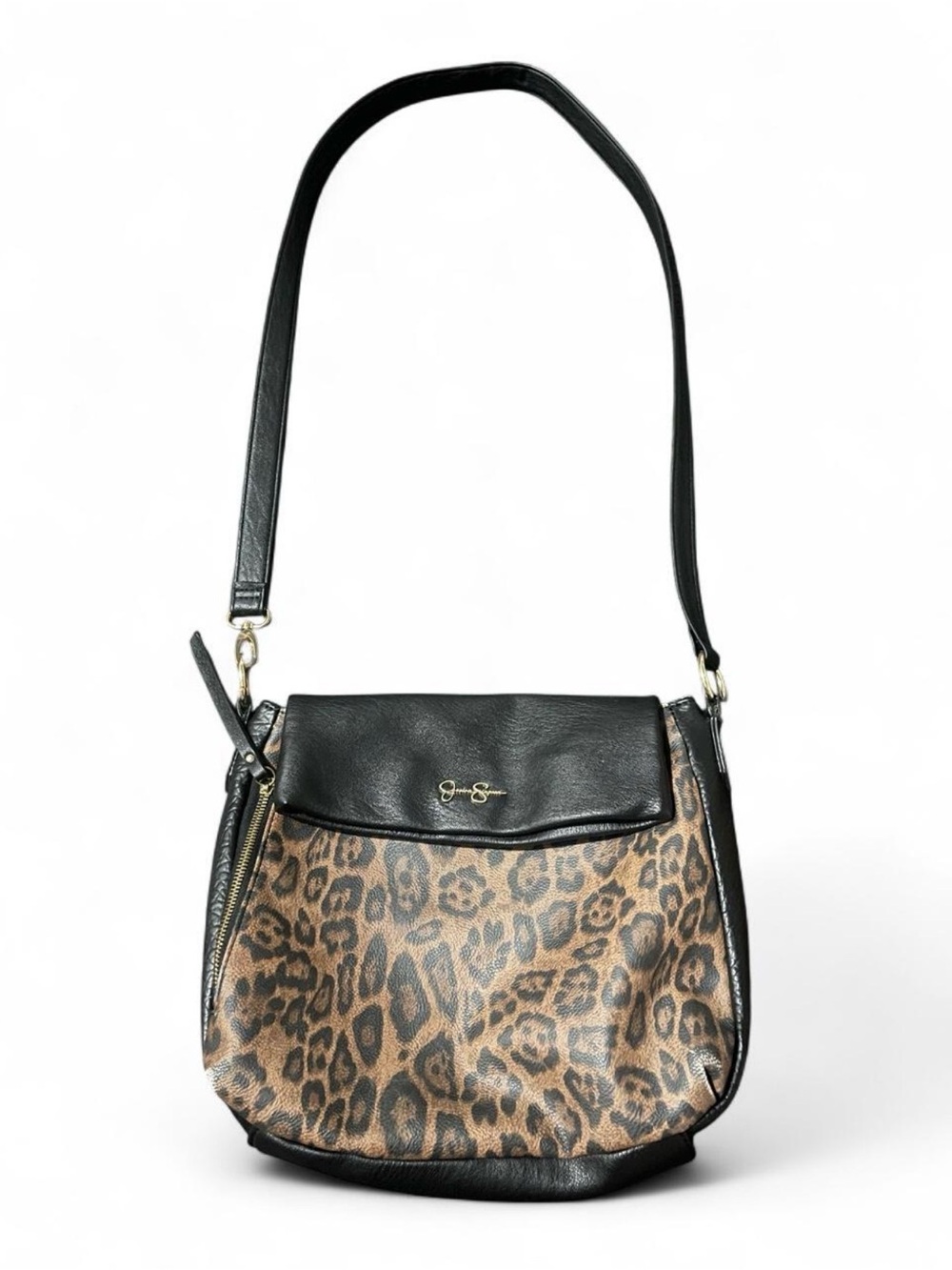 Jessica Simpson Black & Leopard Shoulder Bag with Gold Logo